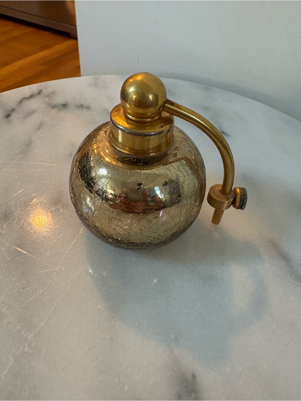 Vintage DeVilbiss Gold Tone Crackle Glass Perfume Atomizer -
